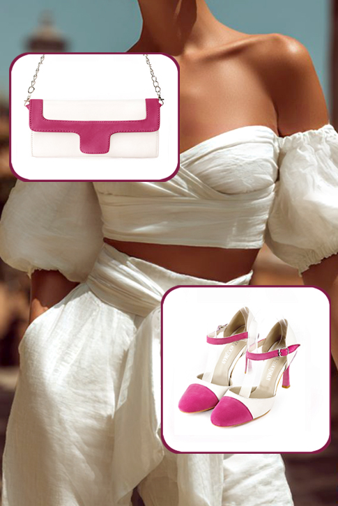 Women's fuchsia pink and off white elegant closed-back heels, with an instep strap. Round toe. High slim heel - Worn view